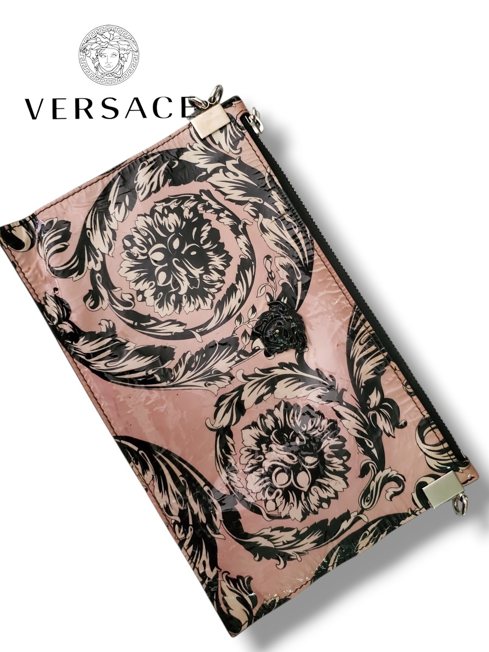 Versace Pink Black Baroque Medusa Zip Pouch Clutch Wristlet Made in Italy